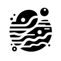 Abstract black and white depicting a stylized planetlike form with layered curved and linear elements, and floating circles. vector