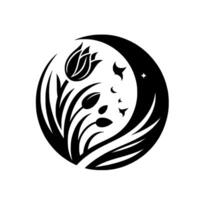 A stylized, monochrome illustration depicting a tulip and other flowers within a circular frame, adorned with a crescent moon, stars and a stylized butterfly, all rendered with simplicity on a vector