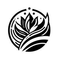 A stylized black and white floral emblem, enclosed within a circle, showcasing symmetrical leaves and a streamlined, minimalist on a white background. vector
