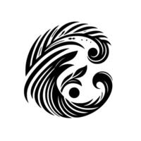 Abstract black and white swirling organic featuring stylized feathers, leaves, and curls, creating a balanced circular composition against a white backdrop. vector