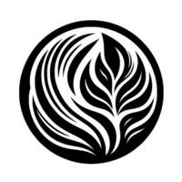 Abstract black and white emblem featuring a stylized floral motif, resembling leaves and flowing lines, enclosed within a circular frame. vector