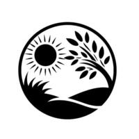 Black and white minimalist landscape within a circle, featuring a sun, tree, and grassy hill, evoking a sense of serenity and natural beauty. vector