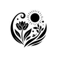 Elegant Black and White Floral Illustration with Lotus, Sun, and Leafy Elements, enclosed in a Circular Design. vector