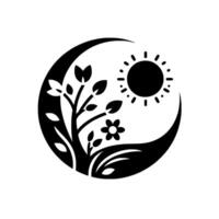 Black and White Symbolic Nature Icon Crescent Embraces Sun, Tree, and Blooming Flower, Representing Growth and Harmony. vector