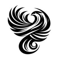 A bold, stylized black phoenix in flight, rendered in a clean, minimalist against a stark white background. The artwork embodies elegance and a sense of mythical rebirth. vector