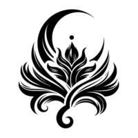 A stylized, black and white floral emblem featuring a crescent moon, a central lotuslike bloom, and intricate, swirling leaf patterns, evoking a sense of celestial elegance. vector