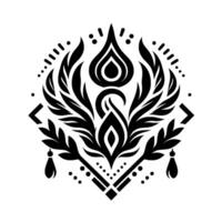 Intricate Black and White Mandala Featuring Organic Leaflike Elements, Geometric Shapes, and Delicate Tassels on a Clean White Background. vector