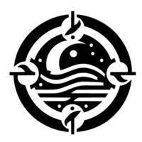 Monochromatic circular minimalist featuring stylized waves, a bird, stars, and geometric accents in a striking black and white composition. vector