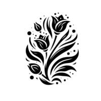Elegant Black and White Floral Motif A stylized, symmetrical featuring tulips, leaves, and dots, rendered in a bold, style, perfect for various applications. vector