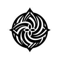 Symmetrical Black and White Geometric Featuring Spiraling, Interlocking Shapes with FourPointed Star Accents, Centered on a White Background. vector