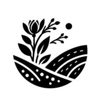 Stylized Black and White Floral Emblem with a central blooming flower, rising from stylized layered hills and a dot sun on a white background. vector