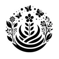 A minimalist, symmetrical botanical illustration in black and white, featuring stylized flowers, leaves, butterflies, and organic shapes within a circular composition, creating a harmonious and balanc vector