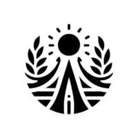 Symbolic minimalist design a sun with radiating lines atop a central structure, flanked by laurel branches within a circular frame, creating a unified abstract emblem. vector