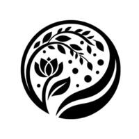 Elegant Black and White Botanical Emblem Lotus Flower and Branch Arrangement Enclosed Within a Circular Frame, Emphasizing Balance and Harmony. vector