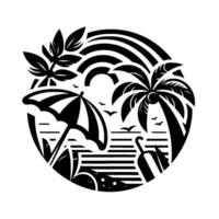 A minimalist, circular black and white illustration of a beach scene featuring an umbrella, palm tree, and birds, evoking a sense of serenity and vacation. vector