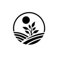 A circular emblem of a growing plant and sun over stylized fields, black and white, conveying growth and nature. vector