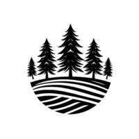 Monochromatic minimalist forest silhouette on a curved landscape, with tall evergreen trees, showcasing nature and tranquility in a clean design. vector