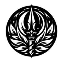 Intricate Black and White Emblem of a Spear, Intertwined with Leaves and Set in a Circle, Suggesting a Divine or Heraldic Motif with Star Accents. vector