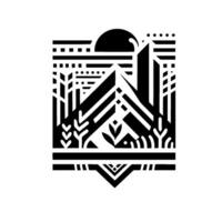 A Stylized Black and White Geometric Landscape Depicting Forest, Sun, and Abstract Structures Within a Square Frame. vector