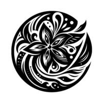 Intricate Black and White Floral Mandala Design A symmetrical arrangement of stylized petals, leaves, and swirling patterns within a circular frame, creating a dynamic and elegant artwork. vector
