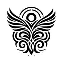 Bold Black and White Graphic Stylized Wings and Swirling Floral Element, Abstract Geometric for Symbolic Representation on a White Background. vector