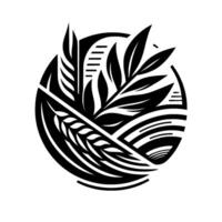 Minimalist Black and White Circular Composition Featuring Leaves, Wheat, and Abstract Line Work Within a Stylized Frame. vector