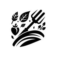 A stylized, blackandwhite emblem of a farm field scene, incorporating a pitchfork, leaves, and a heartshaped fruit in a clean, minimalist design. vector