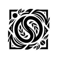 Symmetrical Black and White Abstract Design A Square Composition with a Stylized S Surrounded by Floral Motifs, Geometric Shapes, and Dots. vector
