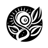 Black and white circular featuring a stylized sunlike intertwined with leaves and flowing lines, creating a balanced and intricate composition. vector
