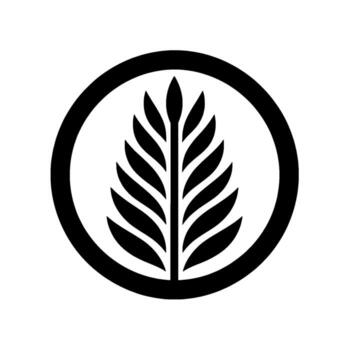 A stylized minimalist depicting a symmetrical leaf design, centrally positioned within a black circular frame on a white background. vector