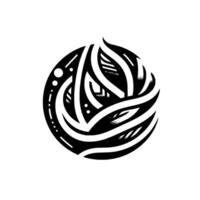 A stylized, circular black and white with abstract organic forms, geometric details, and gradient shading suggesting movement and depth against a white background. vector