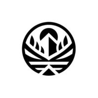 Stylized black and white geometric featuring a central arrowheadlike shape surrounded by leaves and lines within a circular frame. vector