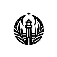 Minimalist Lighthouse Design Black and White Circular Composition with Star, Plants, and Dots. vector