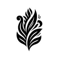 A stylized, symmetrical black and white botanical design, resembling a clustered arrangement of elongated leaves and swirling elements against a plain white background. vector