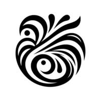A stylized, symmetrical, black and white abstract featuring swirling lines, teardrop shapes, and circular elements, resembling a bird or floral motif, set against a plain white background. vector