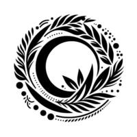 Monochromatic Circular Design An intricate black illustration of leaves, dots, and a crescent shape, centered against a white background. vector