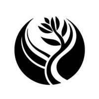 A minimalist black and white depicts a stylized tree within a circle, with flowing lines and leaflike details suggesting growth and natural harmony. vector