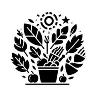 Stylized Black and White Illustration A Symbolic Circle of Natures Bounty, Featuring Foliage, Fruit, and Culinary Tools in a Balanced Design. vector