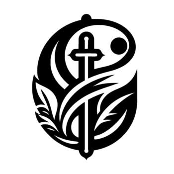 Abstract Black and White Emblem A stylized sword piercing a leaflike design, within a circular frame, evokes strength and balance. vector