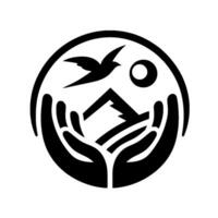 Symbolic Logo Protective Hands Cradle Home, Bird of Freedom Soars with Sun, Enclosed in a Circle of Unity and Care. vector