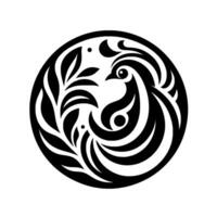 Elegant monochrome circular featuring a stylized bird with flowing tail feathers, nestled amongst organic leaf and wave elements, evoking sophistication and natural beauty. vector