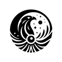 Black and white minimalist circle logo, featuring a stylized eagle with celestial elements, blending animal symbolism with cosmic themes. vector