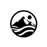 A minimalist black and white circular featuring mountains, sun, and waves, depicting a scenic landscape within a simple, bold design. vector