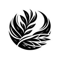 Black and white minimalist botanical emblem featuring stylized leaves arranged in a circular, symmetrical design. vector