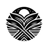 Black and white geometric of stylized leaves and the moon surrounded by stars, within a circular frame. vector