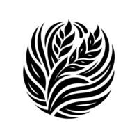A symmetrical, stylized black and white circular emblem, featuring intertwined organic shapes that resemble leaves and flowing lines, set against a crisp white backdrop. vector