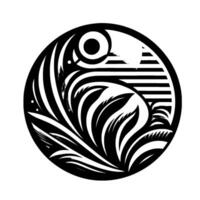 A stylized, minimalist black and white artwork of an eye and organic shapes within a circle, resembling a tribal or abstract illustration. vector