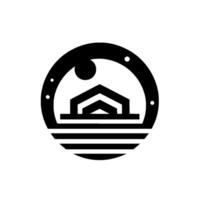 Abstract circular featuring a stylized house silhouette, a sunlike element, and horizontal lines, evoking a sense of serenity and modernism. vector