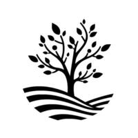 Elegant Black and White Silhouette A Stylized Tree Flourishes on a Patterned, Wavy Horizon, Representing Nature and Growth vector