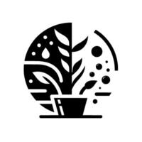 A Yin Yanginspired botanical illustration depicting a potted plant within a circular framework, split into black and white halves, representing growth elements. vector